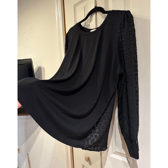 Skies Are Blue Black Knit Clip Dot Sheer Back Chiffon Sleeves Button Cuff Blouse - Picture 5 of 12